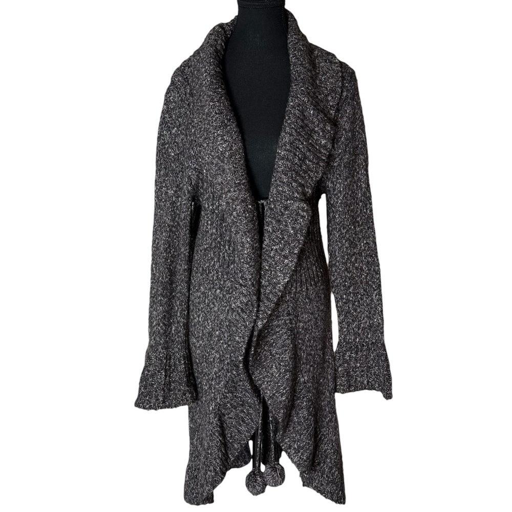 JULES & JAMES Grey Brown Wool Blend Knit Long Cardigan Ruffle Front Tie Large
